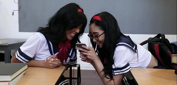  Ember Snow and Eva Yi moans as they get fucked by their teacher giving them some sexual lessons
